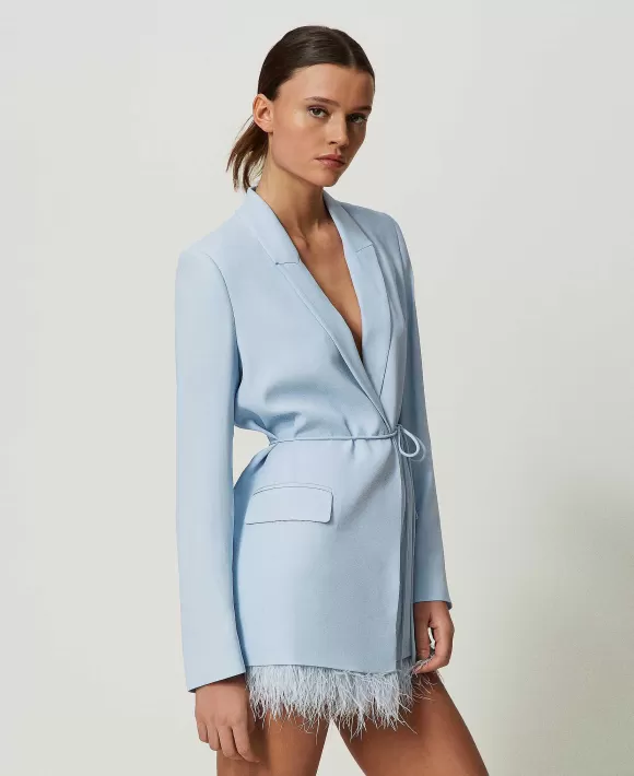 TWINSET Milano Giacca Blazer In Raso Con Piume Azzurro Best Sale