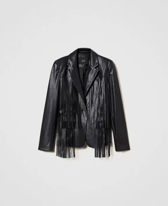 TWINSET Milano Giacca Effetto Pelle Con Frange Nero Flash Sale