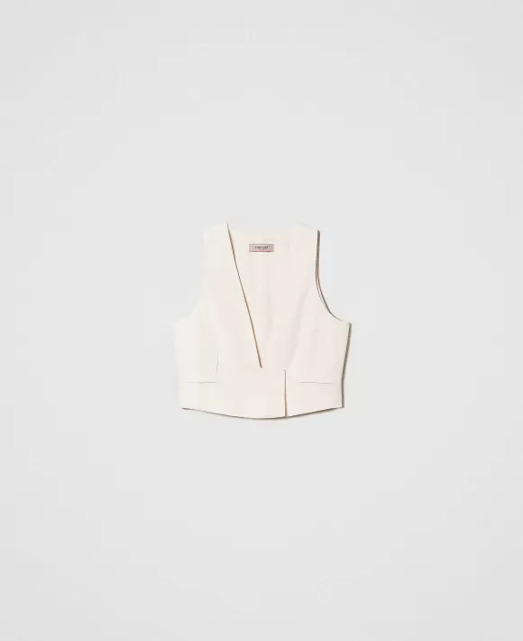 TWINSET Milano Gilet Cropped In Misto Lino Beige Clearance