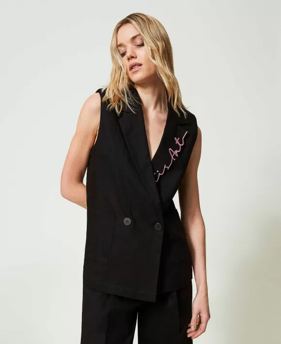 TWINSET Milano Gilet Myfo In Misto Lino Ricamato Nero Fashion