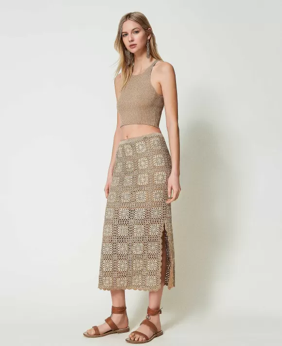 TWINSET Milano Gonna Longuette In Maglia Crochet Lurex Multicolor Beige Store