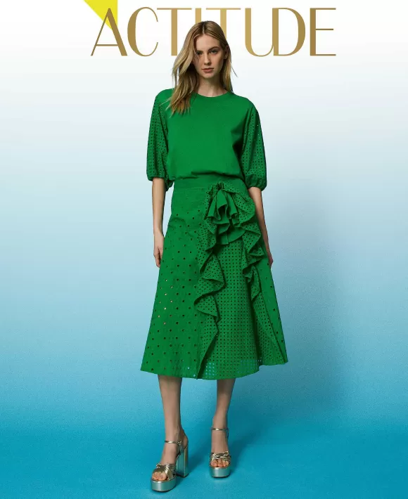 TWINSET Milano Gonna Longuette In Sangallo Con Arricciatura Verde Shop