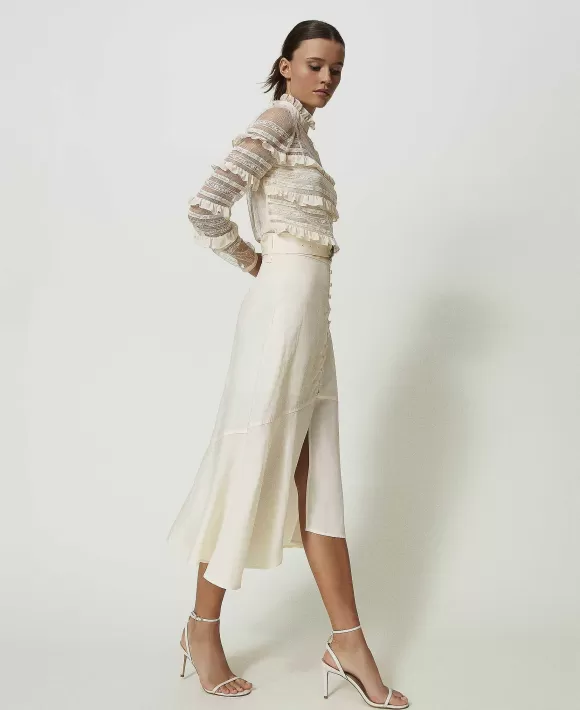 TWINSET Milano Gonna Lunga In Tela Di Misto Lino Bianco Discount