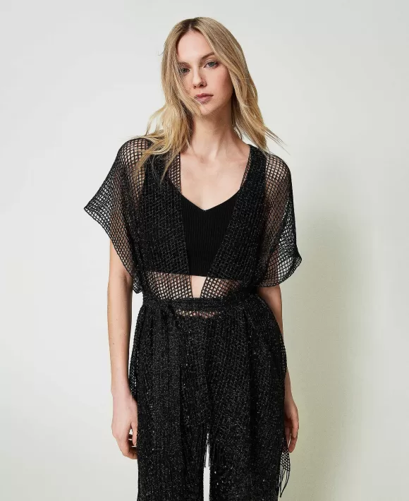 TWINSET Milano Kimono A Rete Con Frange Nero Hot