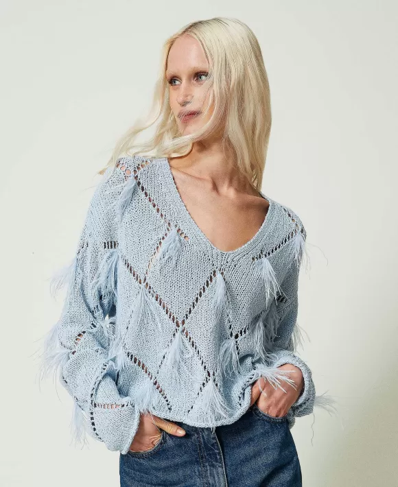 TWINSET Milano Maglia A Losanghe Con Piume Azzurro Discount