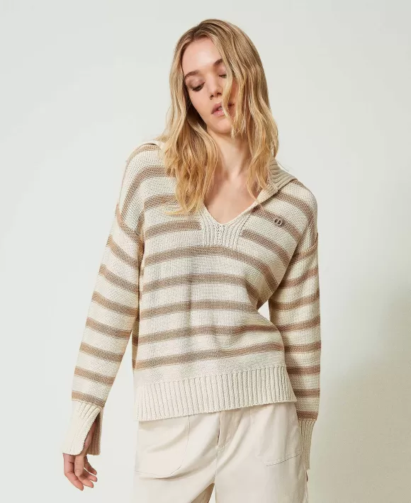 TWINSET Milano Maxi Maglia A Righe Con Spilla Oval T Beige Sale