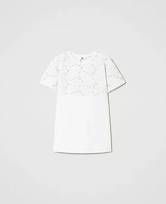 TWINSET Milano Maxi T-Shirt Con Ricamo Sangallo Bianco Flash Sale