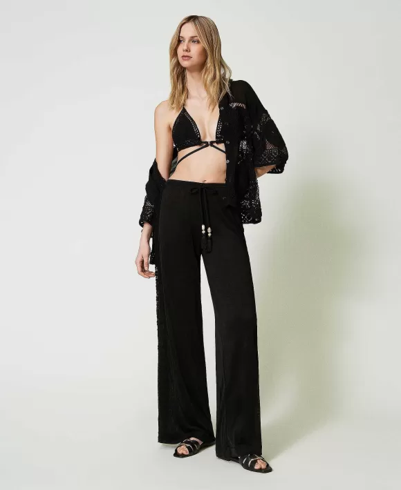 TWINSET Milano Pantaloni A Palazzo Con Ricami Crochet Nero Store