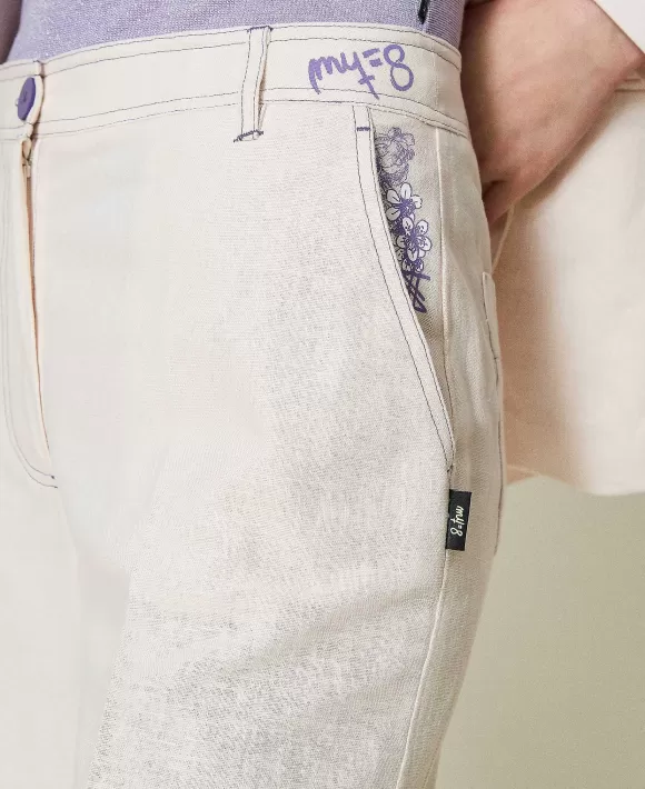 TWINSET Milano Pantaloni A Palazzo Myfo In Misto Lino Stampato Viola Flash Sale