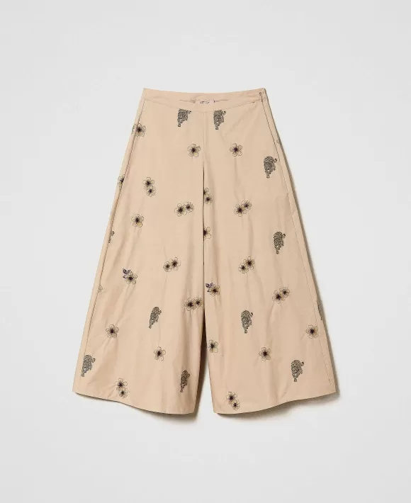 TWINSET Milano Pantaloni Ampi In Popeline Con Ricamo All Over Beige Clearance