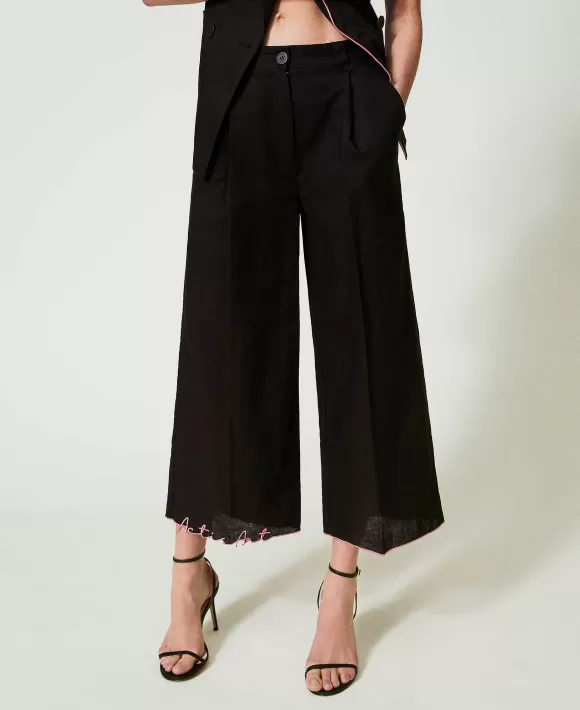 TWINSET Milano Pantaloni Cropped Myfo In Misto Lino Ricamato Nero Outlet