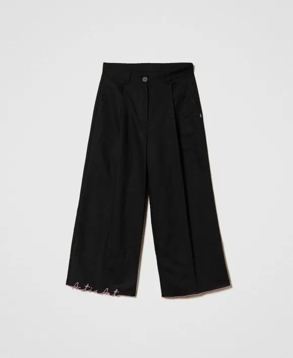 TWINSET Milano Pantaloni Cropped Myfo In Misto Lino Ricamato Nero Outlet