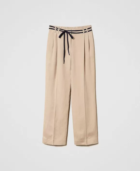 TWINSET Milano Pantaloni In Misto Lino Con Cintura Beige Clearance