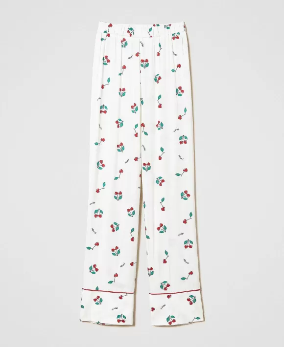 TWINSET Milano Pantaloni In Raso Con Stampa Ciliegie Bianco Sale