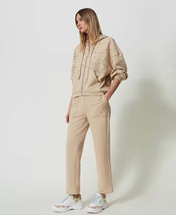 TWINSET Milano Pantaloni Joggers Con Ricamo Sangallo Beige New