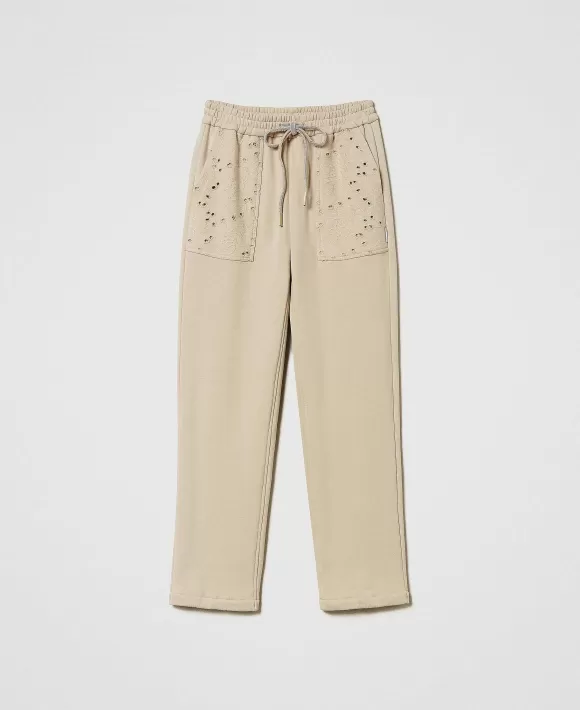 TWINSET Milano Pantaloni Joggers Con Ricamo Sangallo Beige New