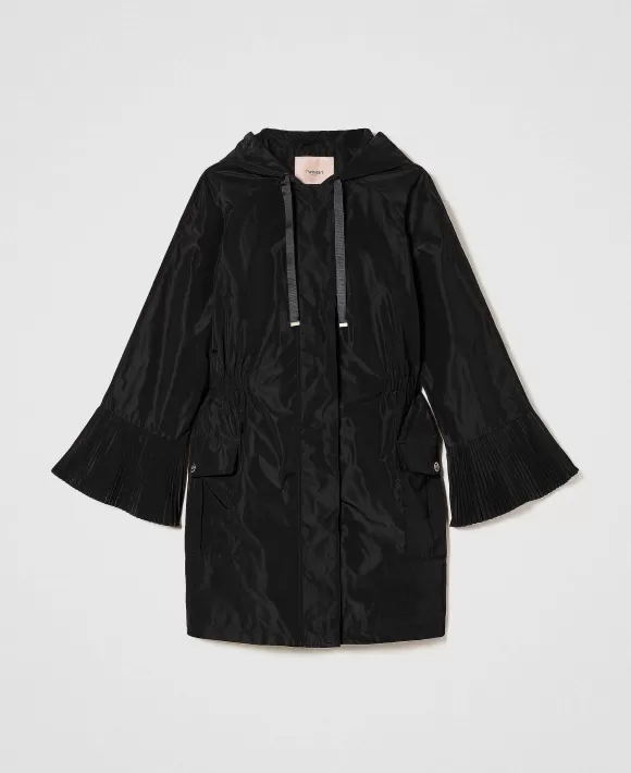 TWINSET Milano Parka In Taffet Con Balze Pliss Nero Cheap