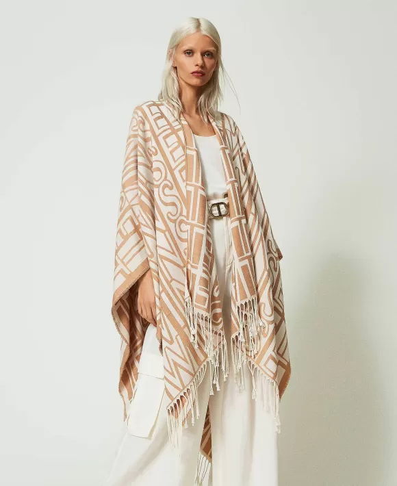 TWINSET Milano Poncho Jacquard Con Logo E Frange Beige Cheap