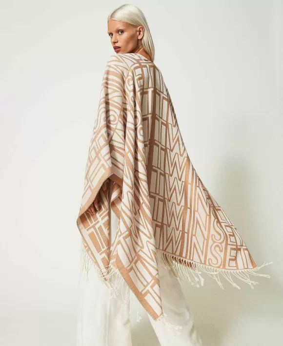 TWINSET Milano Poncho Jacquard Con Logo E Frange Beige Cheap