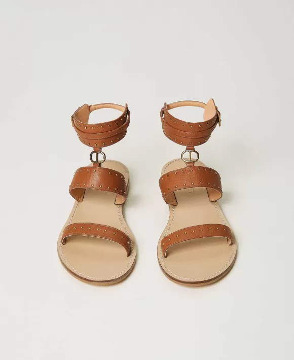 TWINSET Milano Sandali Flat In Pelle Con Borchie Marrone New