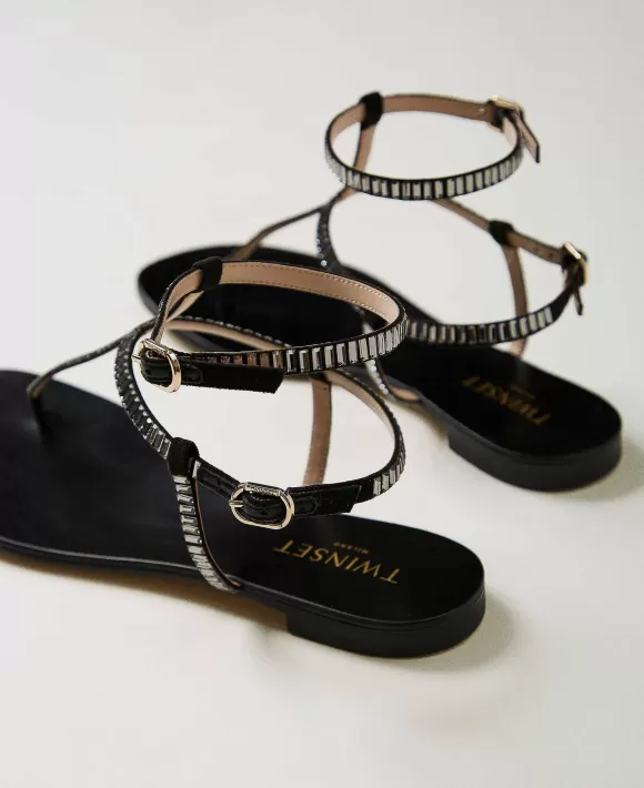 TWINSET Milano Sandali Flat Infradito Con Strass Nero Best Sale