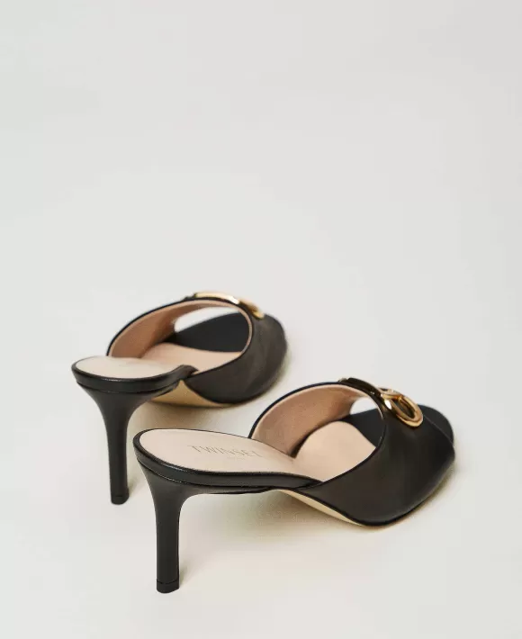 TWINSET Milano Sandali Mules In Pelle Con Oval T Nero Hot