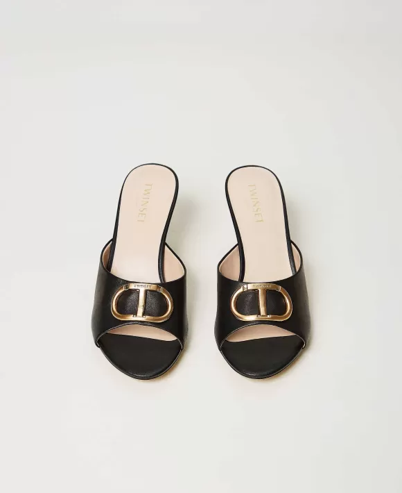 TWINSET Milano Sandali Mules In Pelle Con Oval T Nero Hot