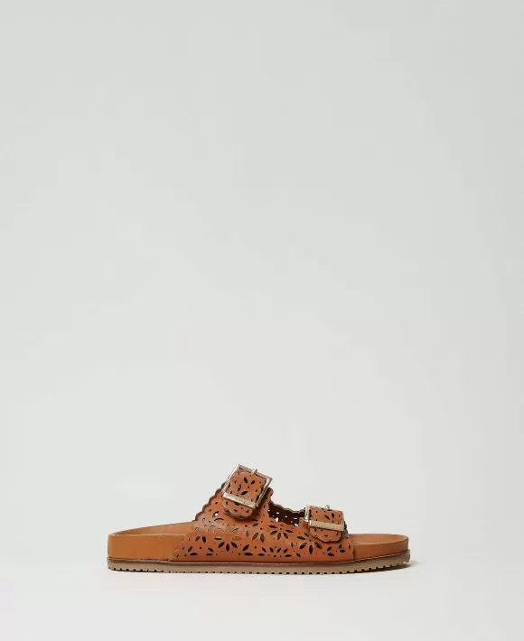 TWINSET Milano Sandali Slide In Pelle Laserata Marrone Flash Sale