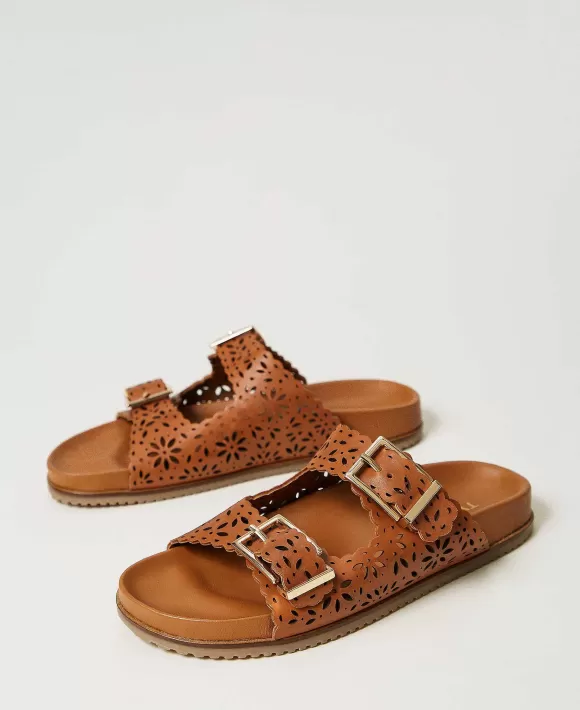 TWINSET Milano Sandali Slide In Pelle Laserata Marrone Flash Sale