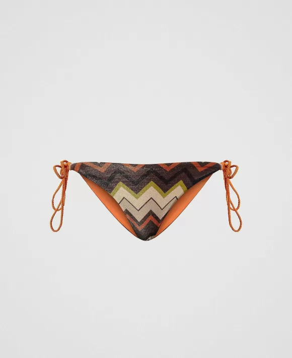 TWINSET Milano Tanga Da Bagno Lurex A Stampa Chevron Con Lacci Marrone Outlet
