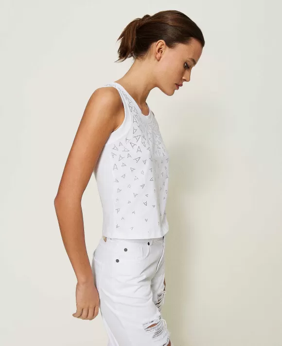 TWINSET Milano Top A Costine Con Logo Bianco Shop