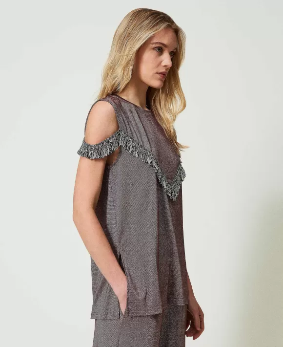TWINSET Milano Top Con Frange Bicolor Marrone Best