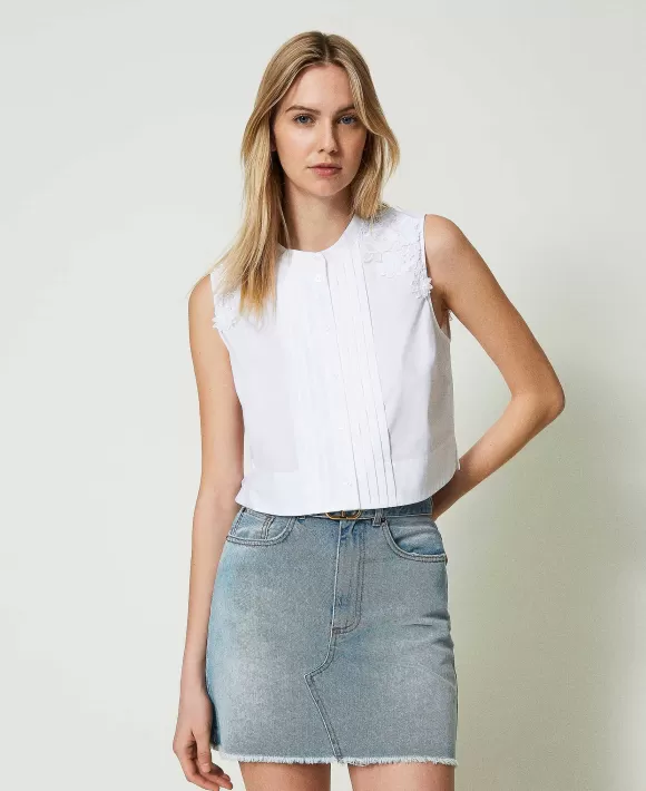 TWINSET Milano Top Corto In Popeline Con Patch Floreali Bianco Flash Sale