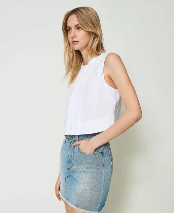 TWINSET Milano Top Corto In Popeline Con Patch Floreali Bianco Flash Sale