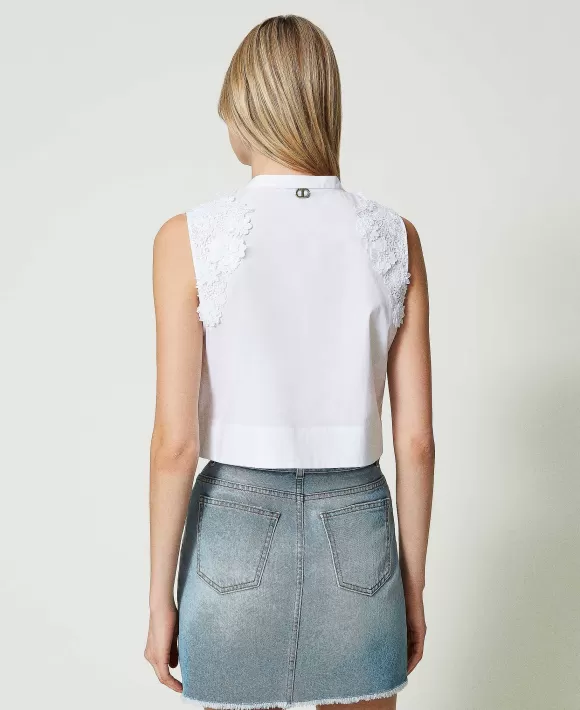 TWINSET Milano Top Corto In Popeline Con Patch Floreali Bianco Flash Sale