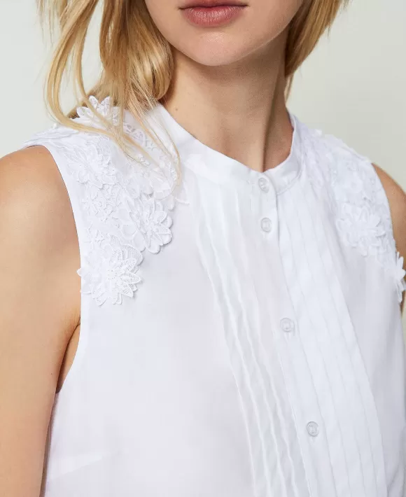 TWINSET Milano Top Corto In Popeline Con Patch Floreali Bianco Flash Sale