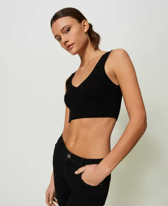 TWINSET Milano Top Cropped A Costine Nero Clearance
