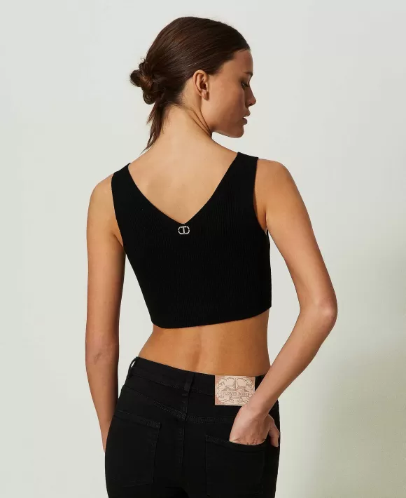 TWINSET Milano Top Cropped A Costine Nero Clearance