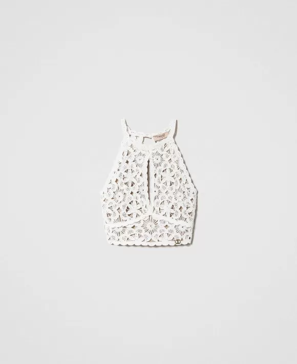 TWINSET Milano Top Cropped In Maglia Crochet A Fiori Beige Best Sale