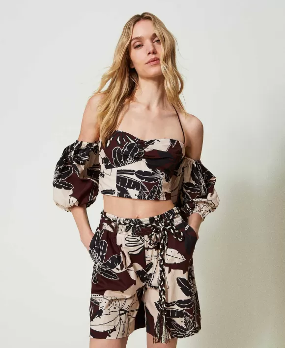 TWINSET Milano Top Cropped In Popeline Stampato Marrone Online