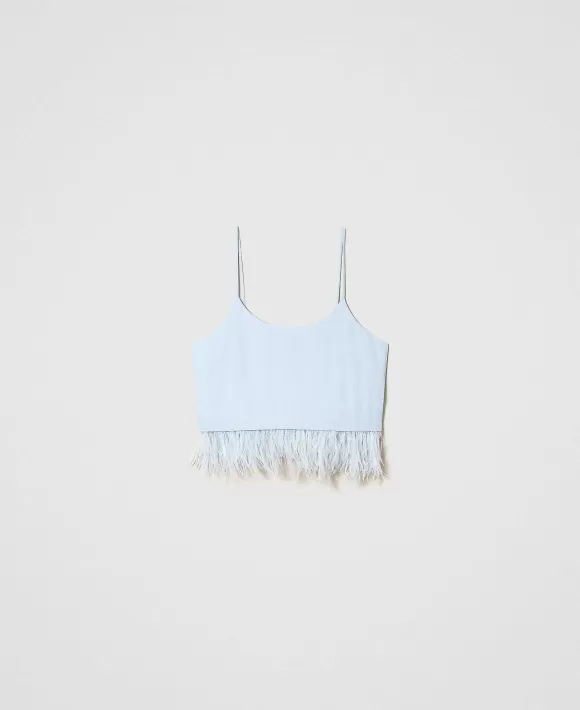 TWINSET Milano Top Cropped In Raso Con Piume Azzurro Fashion