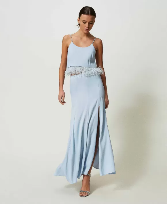 TWINSET Milano Top Cropped In Raso Con Piume Azzurro Fashion