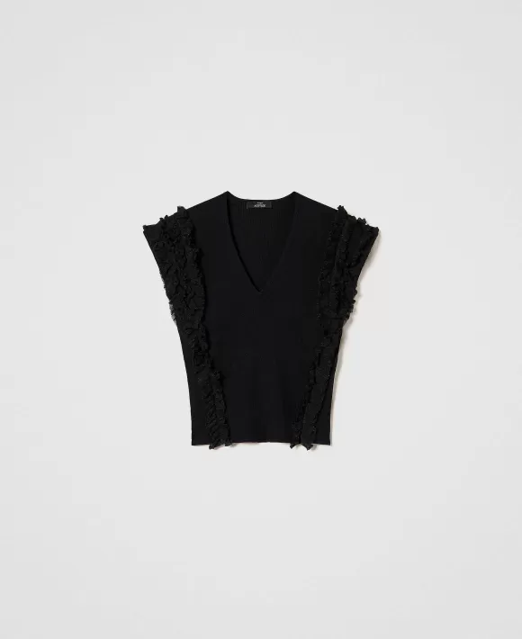TWINSET Milano Top Fitted A Costine Con Volant Nero Cheap