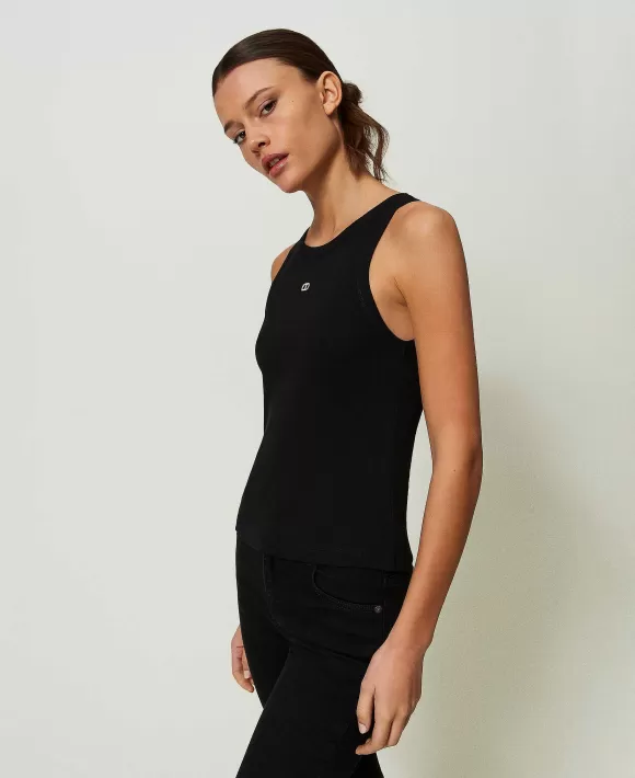 TWINSET Milano Top In Maglia A Costine Con Oval T Nero Outlet