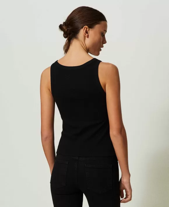 TWINSET Milano Top In Maglia A Costine Con Oval T Nero Outlet
