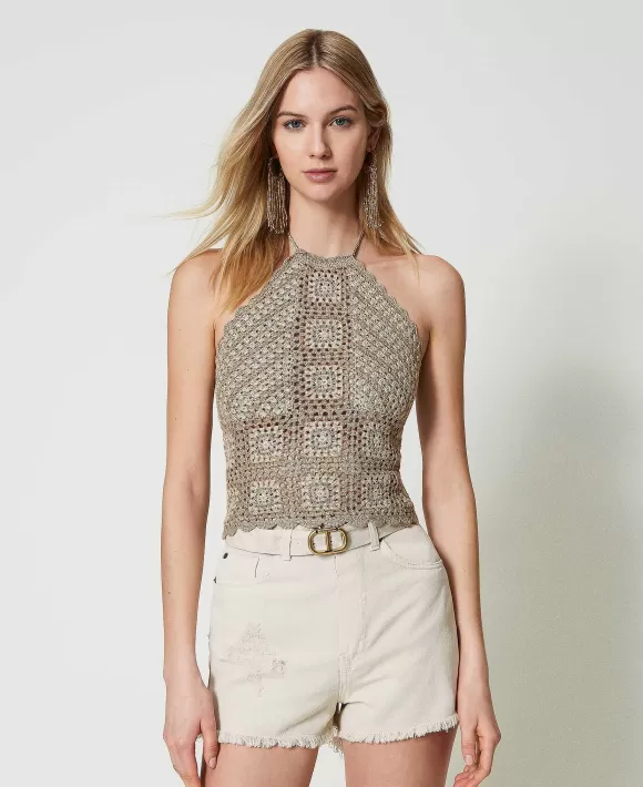 TWINSET Milano Top In Maglia Crochet Lurex Multicolor Beige Best