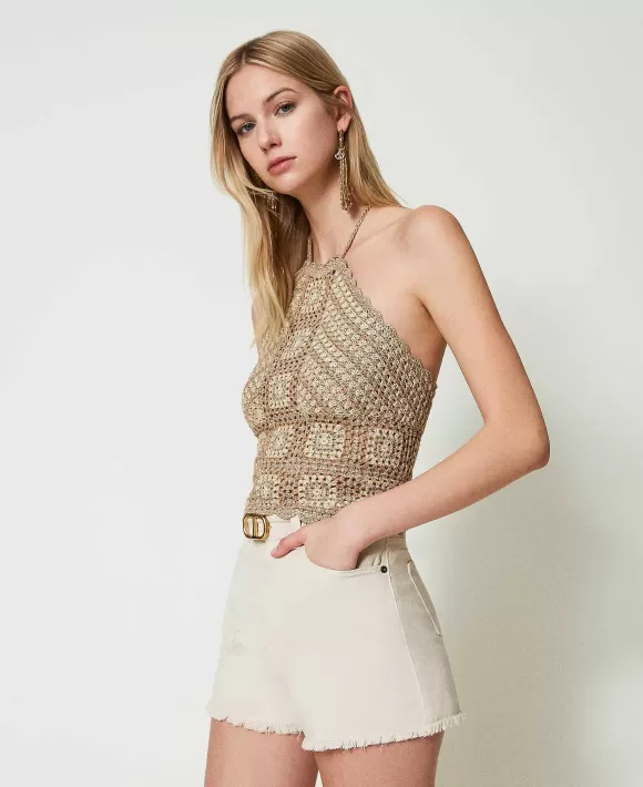 TWINSET Milano Top In Maglia Crochet Lurex Multicolor Beige Best