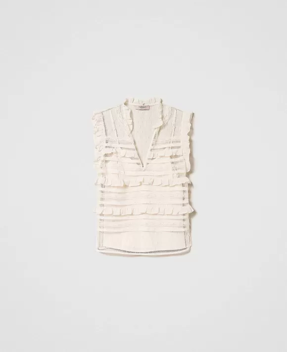 TWINSET Milano Top In Tulle Plumetis E Pizzo Bianco Fashion