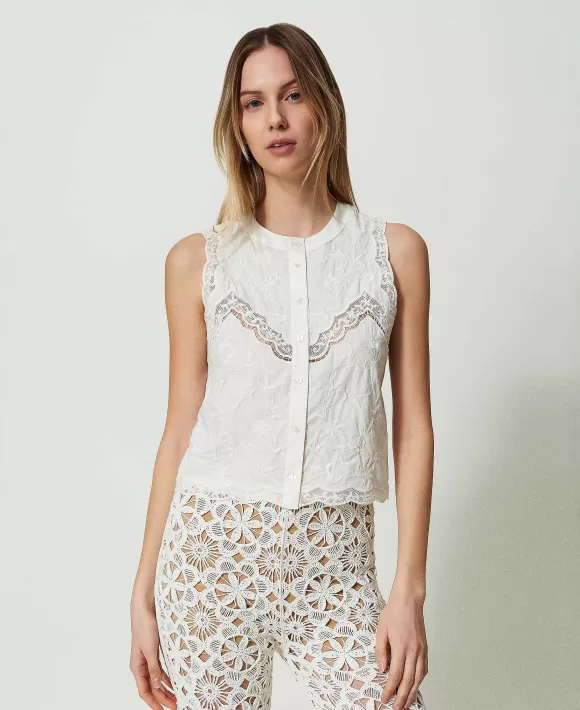TWINSET Milano Top Senza Maniche Con Ricami A Fiori Bianco Cheap
