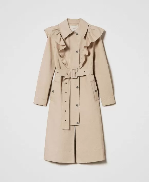 TWINSET Milano Trench In Tessuto Double Con Volant Beige Flash Sale